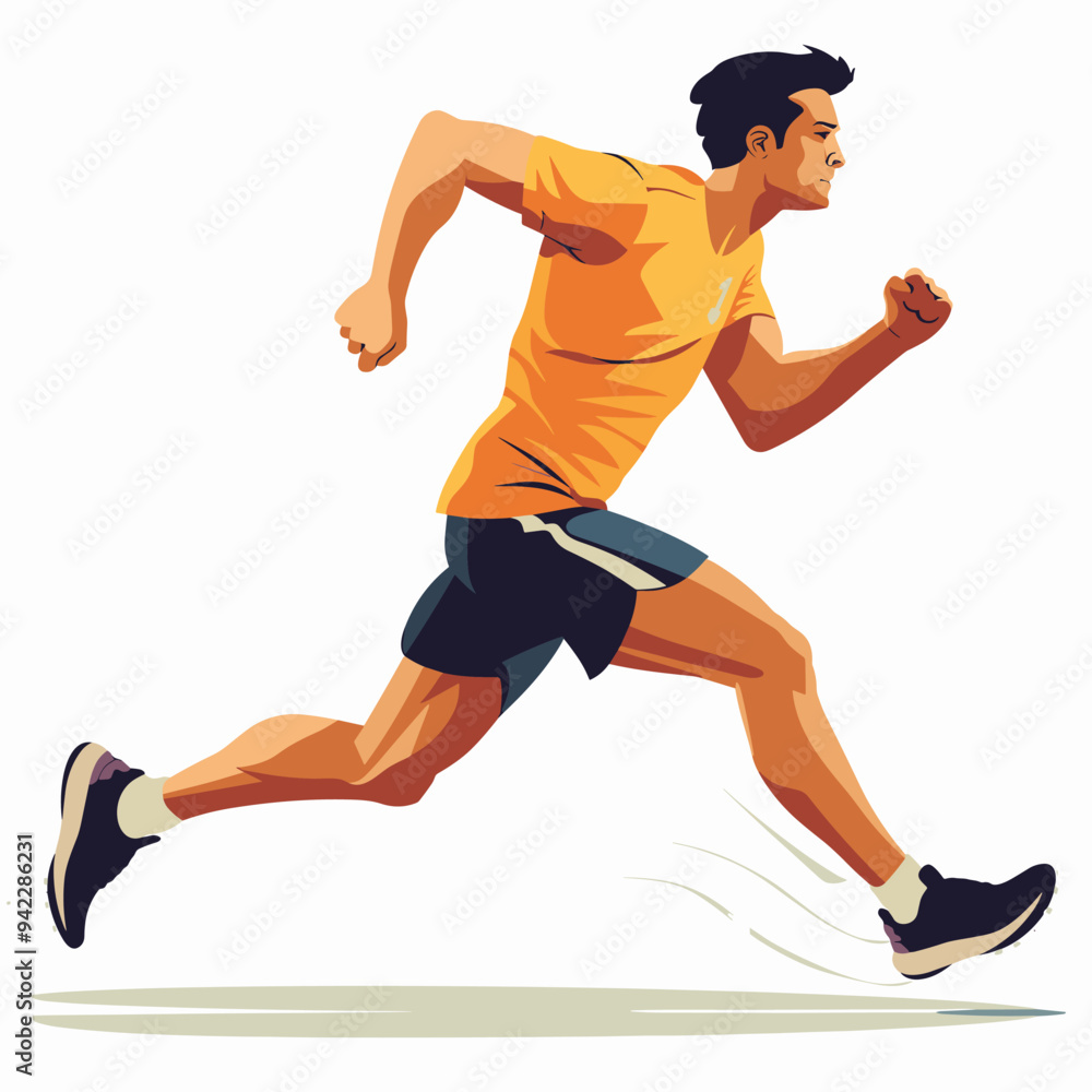 A man is running in a yellow shirt and blue shorts. He is wearing black shoes and has a determined look on his face A man is running in a yellow shirt and blue shorts. He is wearing black shoes and has a determined look on his face