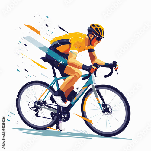 A man is riding a bicycle with a yellow jersey and a helmet. He is leaning forward and he is in motion. Concept of speed and excitement, as if the man is racing or enjoying a thrilling ride