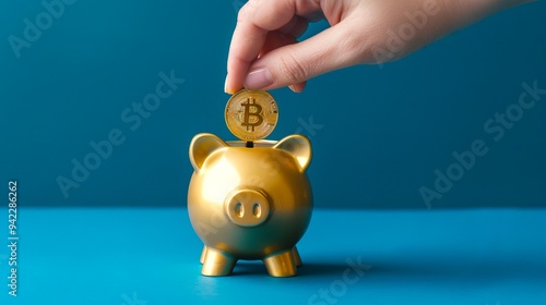 A hand putting bitcoin into a golden piggy bank on a blue background, space for text