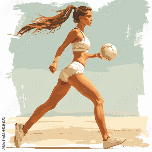 A woman is running on the beach with a volleyball in her hand. Concept of energy and athleticism, as the woman is in motion and focused on her activity