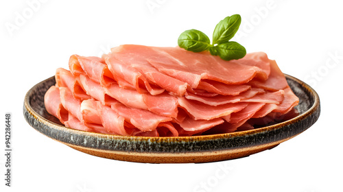 Pressed ham meat on a plate isolated over white background photo