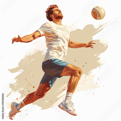 A man in a white shirt and blue shorts is jumping to catch a sports ball. The image has a lively and energetic mood, with the man's athleticism and determination to catch the ball
