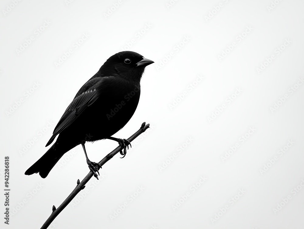 A solitary black bird perched on a slender branch, surrounded by a minimalistic gray backdrop, embodying elegance and tranquility. A solitary black bird perched on a slender branch, surrounded by a minimalistic gray backdrop, embodying elegance and tranquility.