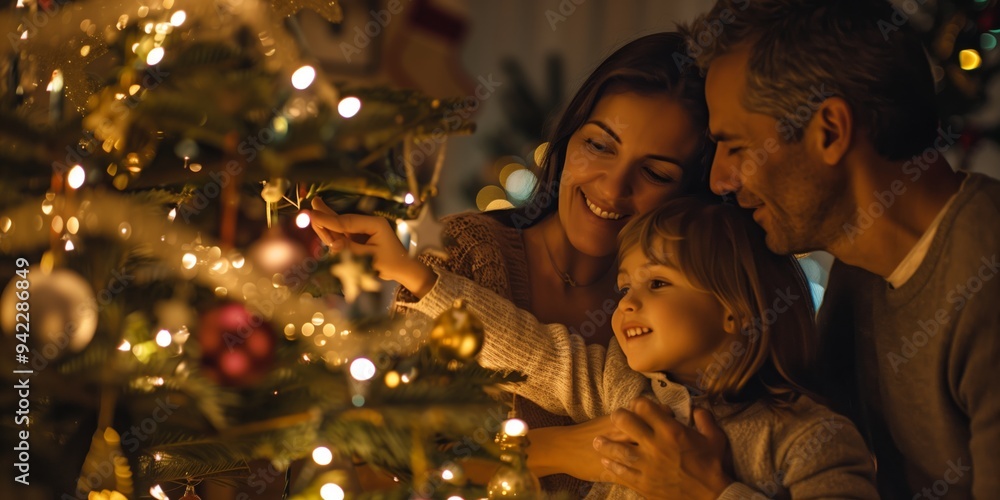A happy family unites in love and joy while decorating a Christmas tree, symbolizing togetherness and celebration. Special moments of bonding and togetherness are shared during this festive season A happy family unites in love and joy while decorating a Christmas tree, symbolizing togetherness and celebration. Special moments of bonding and togetherness are shared during this festive season
