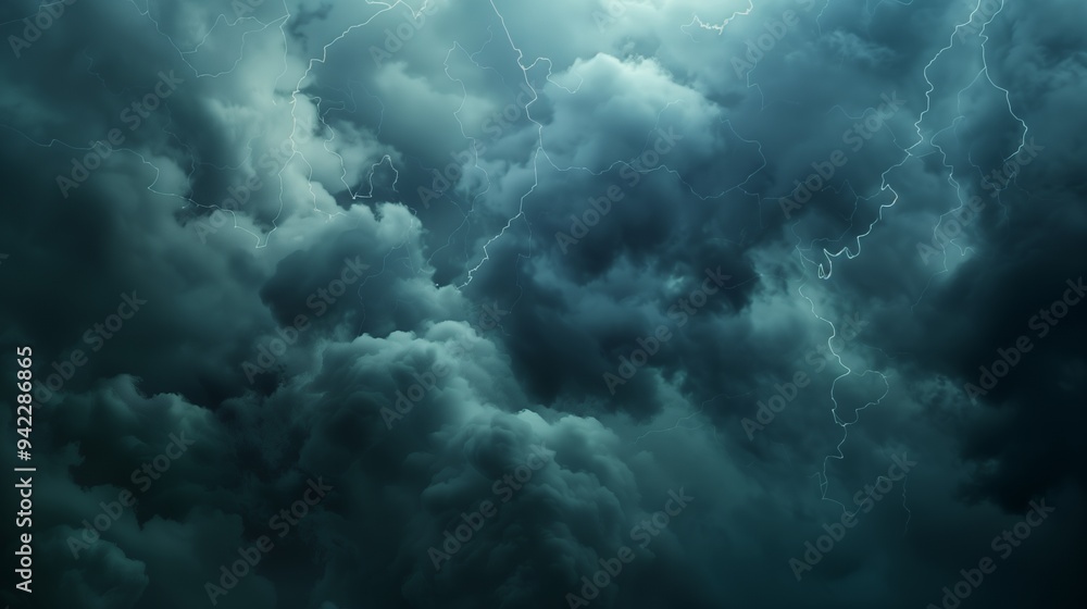 Naklejka premium Dark storm clouds illuminated by lightning, creating an intense atmosphere.
