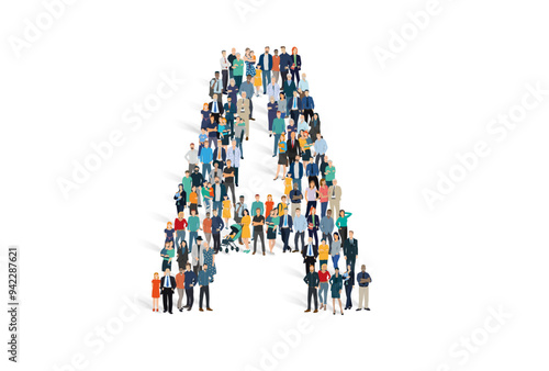 Illustration vectorielle représentant la lettre A de l'alphabet constituée d'une foule de personnages d'âge, de races et de sexes différents