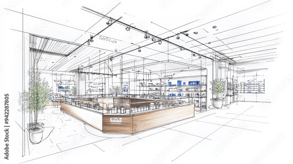 Hand Drawn Sketch of a Modern Retail Store Interior Design Hand Drawn Sketch of a Modern Retail Store Interior Design