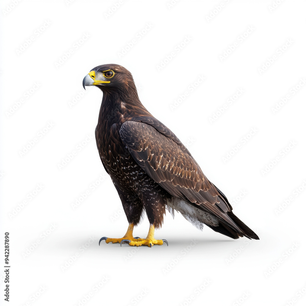 Fototapeta premium Side profile of a majestic dark brown eagle standing on a white background, showcasing its detailed feathers and sharp beak.