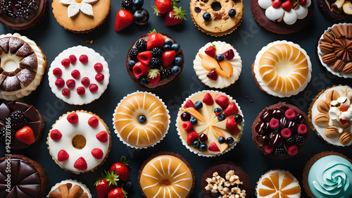 Overhead flat lay view of different varieties of thing food and drinks