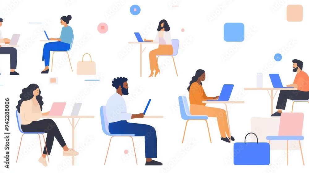 Diverse Group of People Working on Laptops at Tables in a Modern Office Diverse Group of People Working on Laptops at Tables in a Modern Office