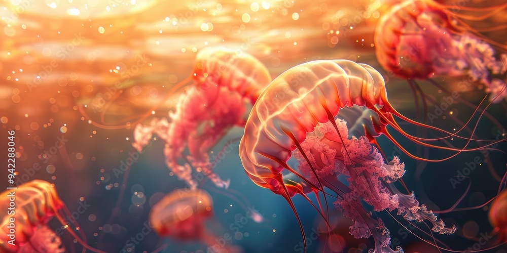 Obraz premium Graceful jellyfish with red and white swirls drifting peacefully in the ocean evoking a serene and tranquil environment