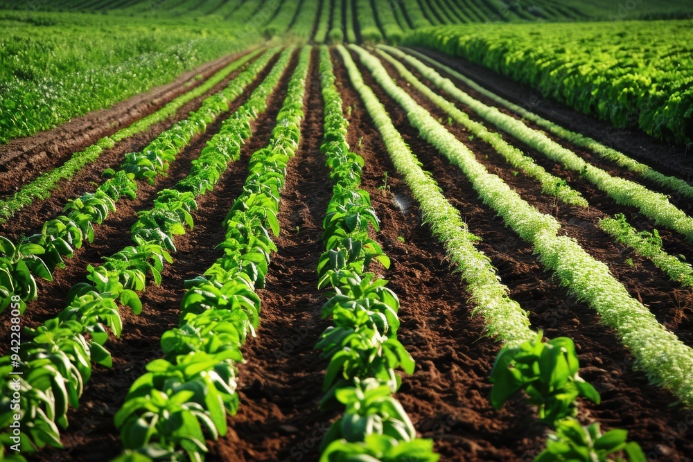 Drone view of crop rotation patterns, showcasing sustainable farming practices. Drone view of crop rotation patterns, showcasing sustainable farming practices.