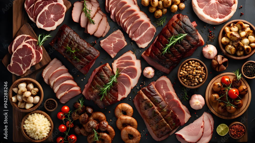 Overhead flat lay view of different varieties of thing food and drinks Overhead flat lay view of different varieties of thing food and drinks
