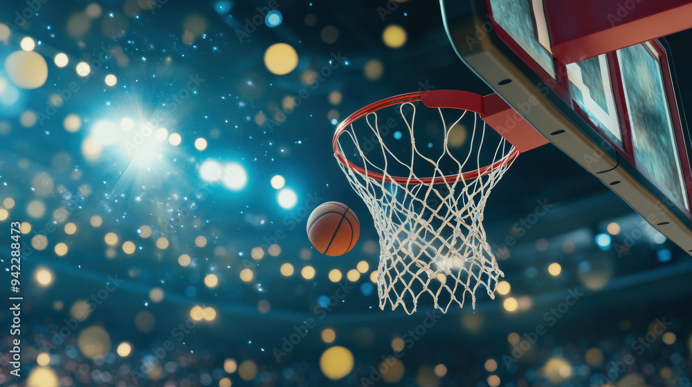 A basketball flying through the air and hitting a net, AI A basketball flying through the air and hitting a net, AI