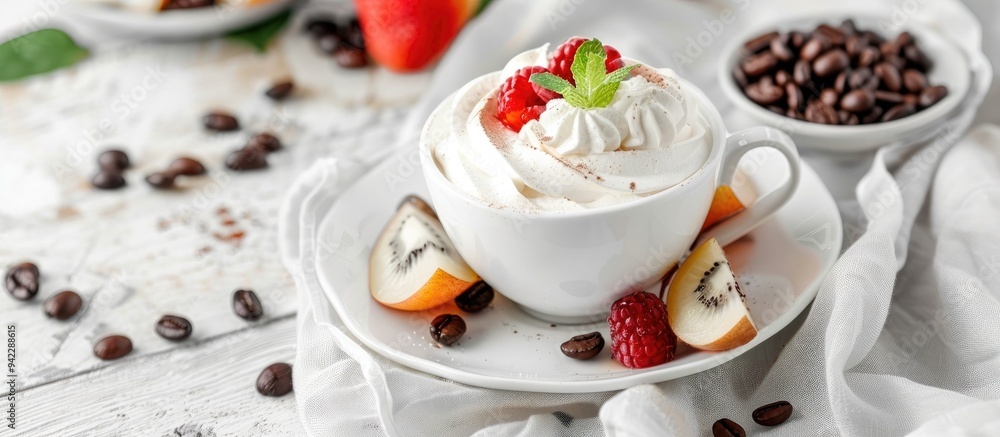 White Empty Cup On A White Saucer With White Meringue With Different Fruits A Scattering Of Coffee Beans Close Up On Light Boards White Empty Cup On A White Saucer With White Meringue With Different Fruits A Scattering Of Coffee Beans Close Up On Light Boards