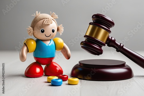 Child's Toy and Judge's Gavel Emphasizing Children's Rights and Protection photo