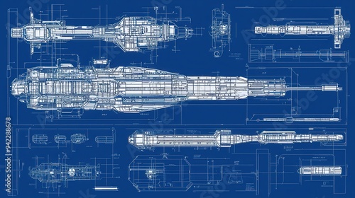 Fototapeta Naklejka Na Ścianę i Meble -  Spaceship Blueprint Design on Blue Background