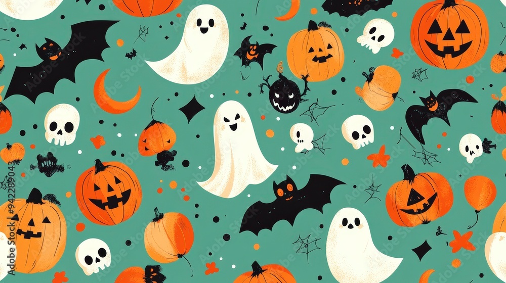A whimsical Halloween-themed pattern featuring ghosts, pumpkins, bats, and skulls. A whimsical Halloween-themed pattern featuring ghosts, pumpkins, bats, and skulls.