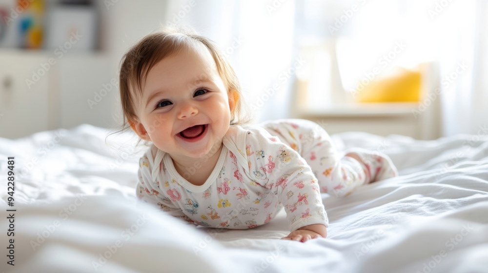 A baby smiling on a bed with white sheets and pillows, AI A baby smiling on a bed with white sheets and pillows, AI