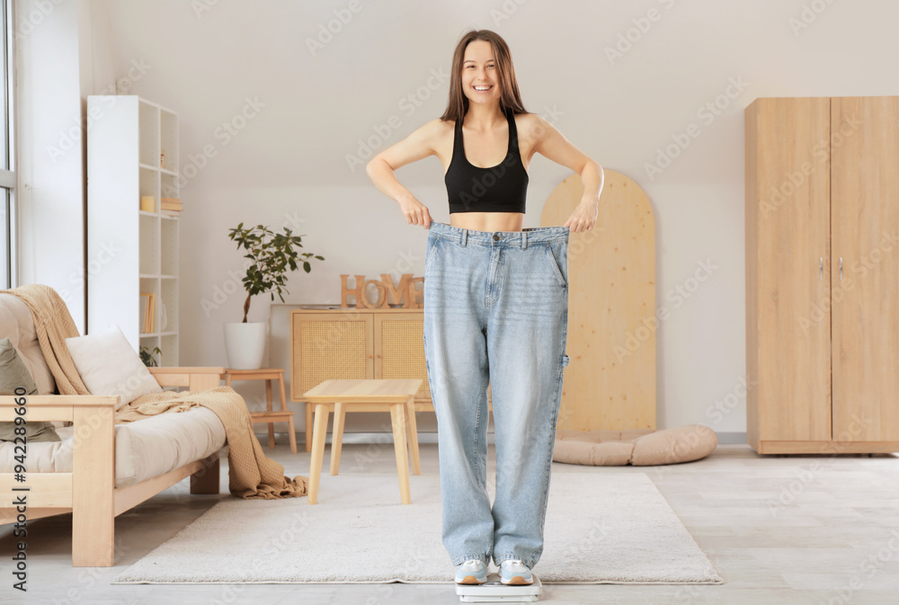 Beautiful young happy woman with scales wearing loose jeans in living room. Weight loss concept Beautiful young happy woman with scales wearing loose jeans in living room. Weight loss concept