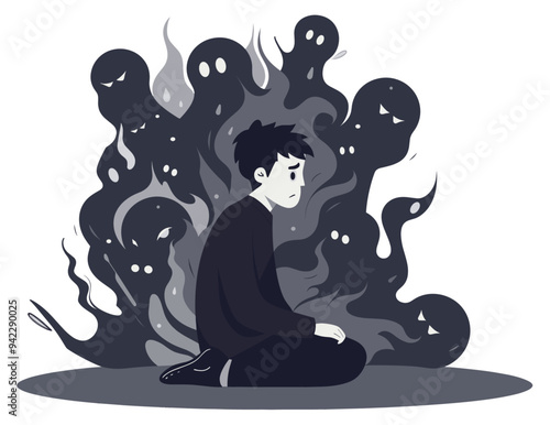 Person surrounded by dark ghost souls representing anxiety and depression. Mental health concept