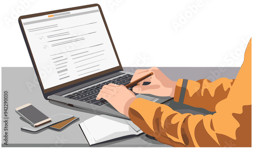 Close up of person working on his computer and pays bills on his laptop.