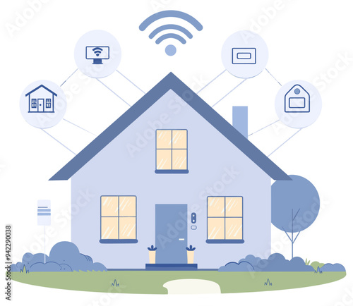 Smart home technology concept with wireless security system. Flat design illustration