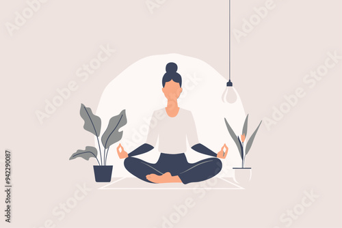 Meditation and yoga illustration of woman practicing. Minimalist illustration