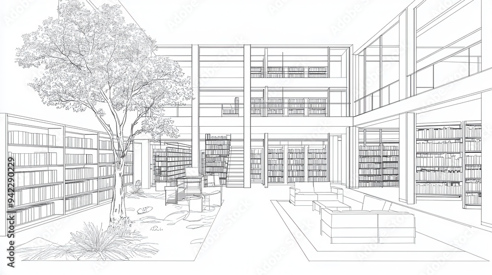 Modern Library Interior Design Sketch with Bookshelves and Tree Modern Library Interior Design Sketch with Bookshelves and Tree