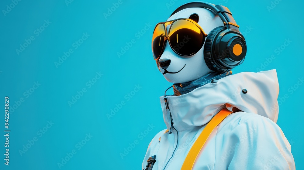 Cool Panda Wearing Sunglasses and Headphones Against Blue Background Cool Panda Wearing Sunglasses and Headphones Against Blue Background