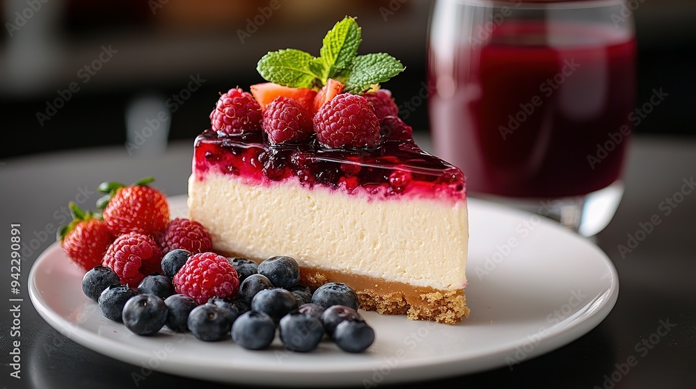 Cheesecake Slice with Fresh Berries and Mint Cheesecake Slice with Fresh Berries and Mint