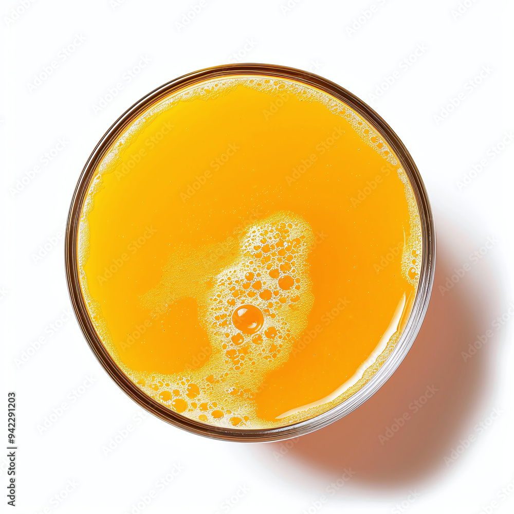 top view of a glass of fresh orange juice, seen from above, whtie background top view of a glass of fresh orange juice, seen from above, whtie background