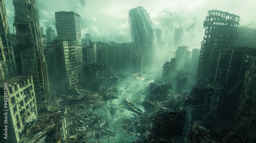 Apocalyptic Cityscape Ruined Buildings Smoke and Dust Apocalyptic Cityscape Ruined Buildings Smoke and Dust