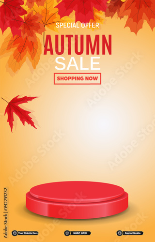 autumn sale discount portait template banner with blank space 3d podium for social media post product sale with abstract gradient orange background design11