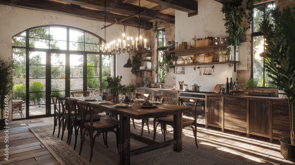 Rustic Farmhouse Kitchen Interior with Wooden Table and Chairs Rustic Farmhouse Kitchen Interior with Wooden Table and Chairs