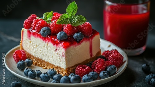 Cheesecake Slice Topped with Raspberries, Blueberries, and Raspberry Sauce