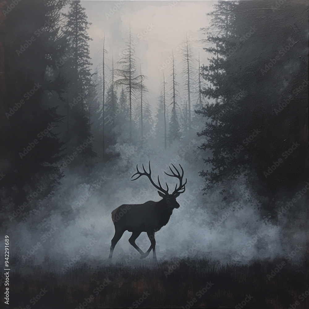 Majestic elk in a misty forest landscape, standing tall amidst towering trees and dense fog. Majestic elk in a misty forest landscape, standing tall amidst towering trees and dense fog.