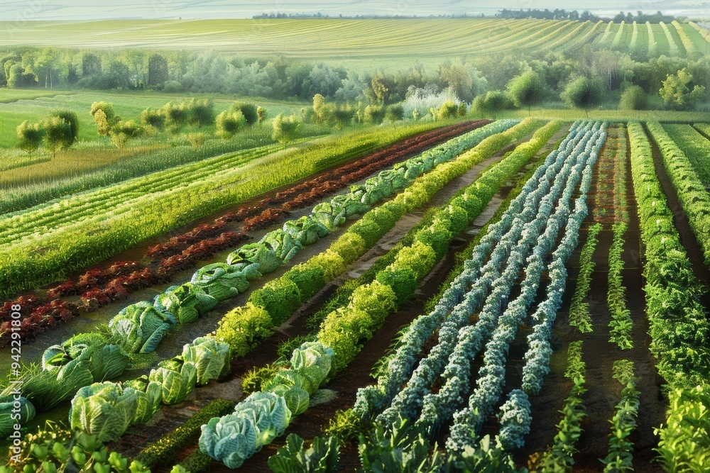 Fototapeta premium Drone view of crop rotation patterns, showcasing sustainable farming practices.