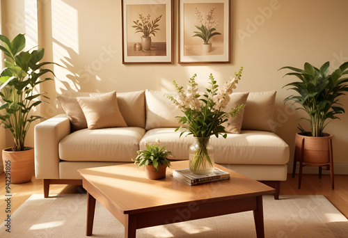 A modern living room with a beige sofa