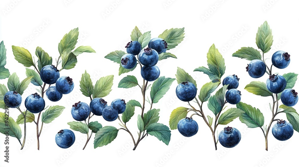 Watercolor Painting of Blueberry Branches with Lush Green Leaves Watercolor Painting of Blueberry Branches with Lush Green Leaves