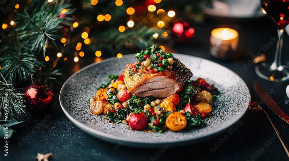 Festive Roasted Chicken Dinner with Roasted Vegetables Herbs and Christmas Lights Festive Roasted Chicken Dinner with Roasted Vegetables Herbs and Christmas Lights