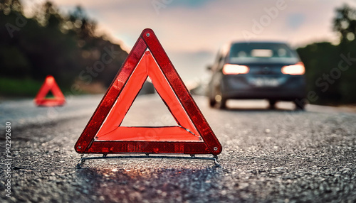 A close up of a red emergency triangle on the road in front of a car after an accident. 