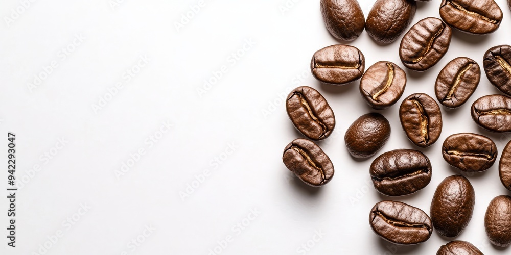 This is a visually appealing arrangement of rich coffee beans meticulously placed on a pristine, white background, making it ideal for those who truly love coffee and for stunning product displays This is a visually appealing arrangement of rich coffee beans meticulously placed on a pristine, white background, making it ideal for those who truly love coffee and for stunning product displays