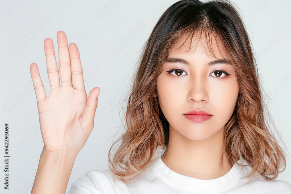 Young woman hand gesture portrait expressing confidence and communication Young woman hand gesture portrait expressing confidence and communication