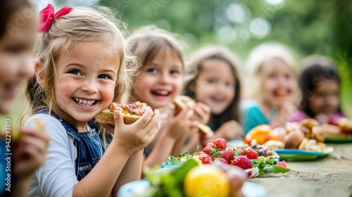 A group of children eating food at a picnic table, AI