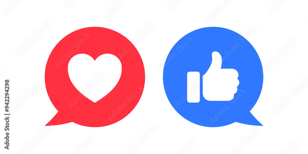 Like and love icon button. Thumbs up and heart flat icon in modern speech bubble shapes , Social media notification icons. emoji post reactions set. Vector illustration Like and love icon button. Thumbs up and heart flat icon in modern speech bubble shapes , Social media notification icons. emoji post reactions set. Vector illustration