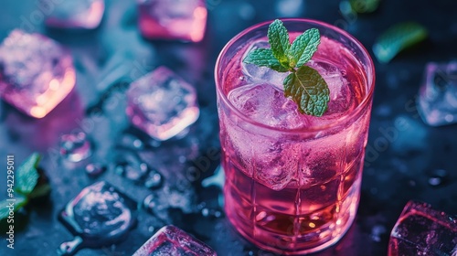 Refreshing Pink Cocktail with Mint and Ice Cubes photo