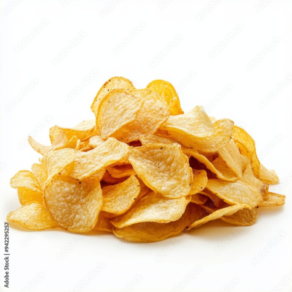 A pile of crispy potato chips isolated on a white background. A pile of crispy potato chips isolated on a white background.