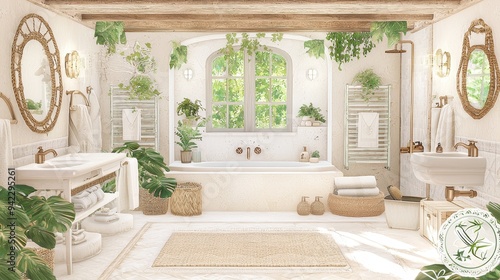 Modern Bathroom Interior Design with Plants  Bathtub  and Natural Elements