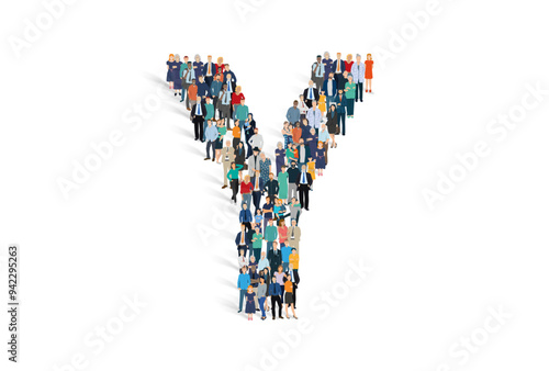 Illustration vectorielle représentant la lettre Y de l'alphabet constituée d'une foule de personnages d'âge, de races et de sexes différents